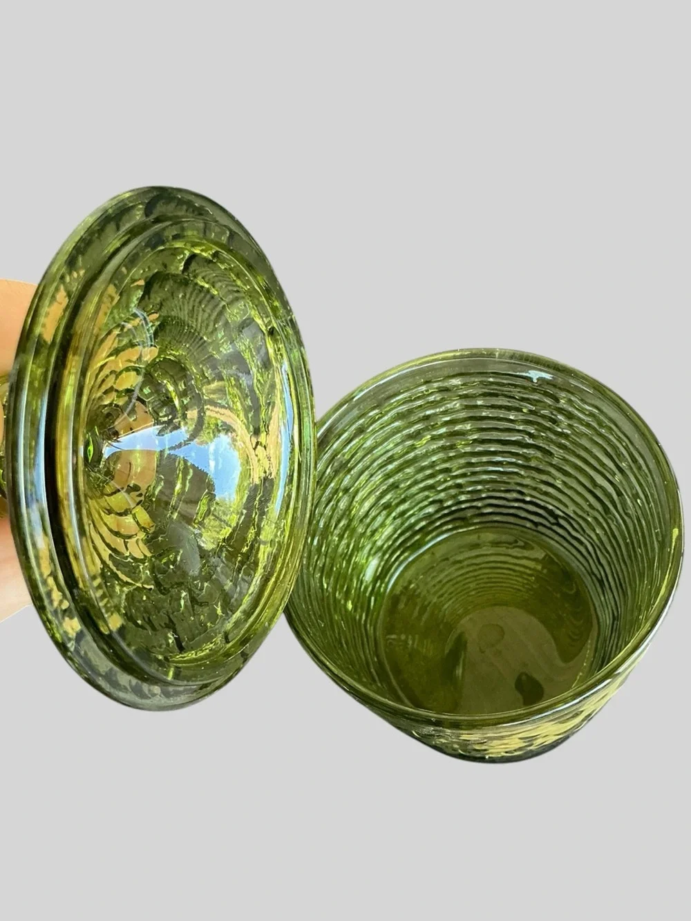 Vintage Anchor Hocking Soreno Avocado Green Glass Condiment Set MCM Retro